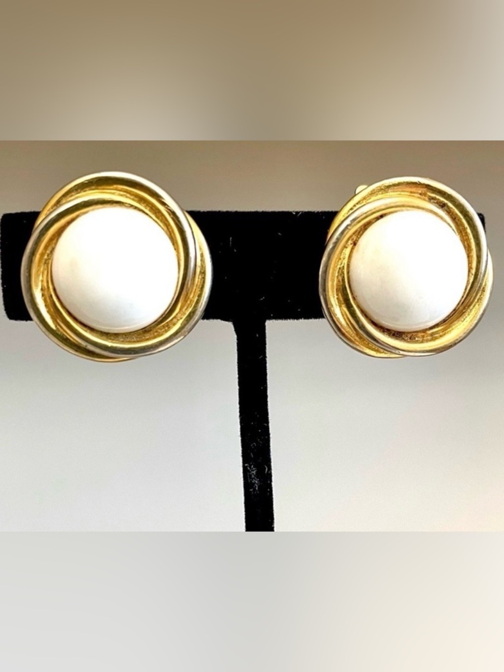 Trifari Vintage Gold Tone White Cabochon Clip On Earrings Signed Mid-Century 70s